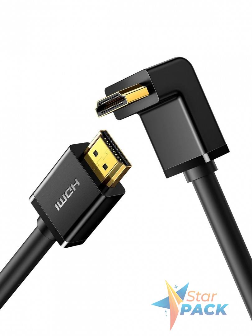 CABLU video Ugreen, HD103 HDMI la HDMI, unghi 90 grade la un capat, rezolutie maxima 4K UHD la 60 Hz, conectori auriti, 2m, negru  - 6957303811212