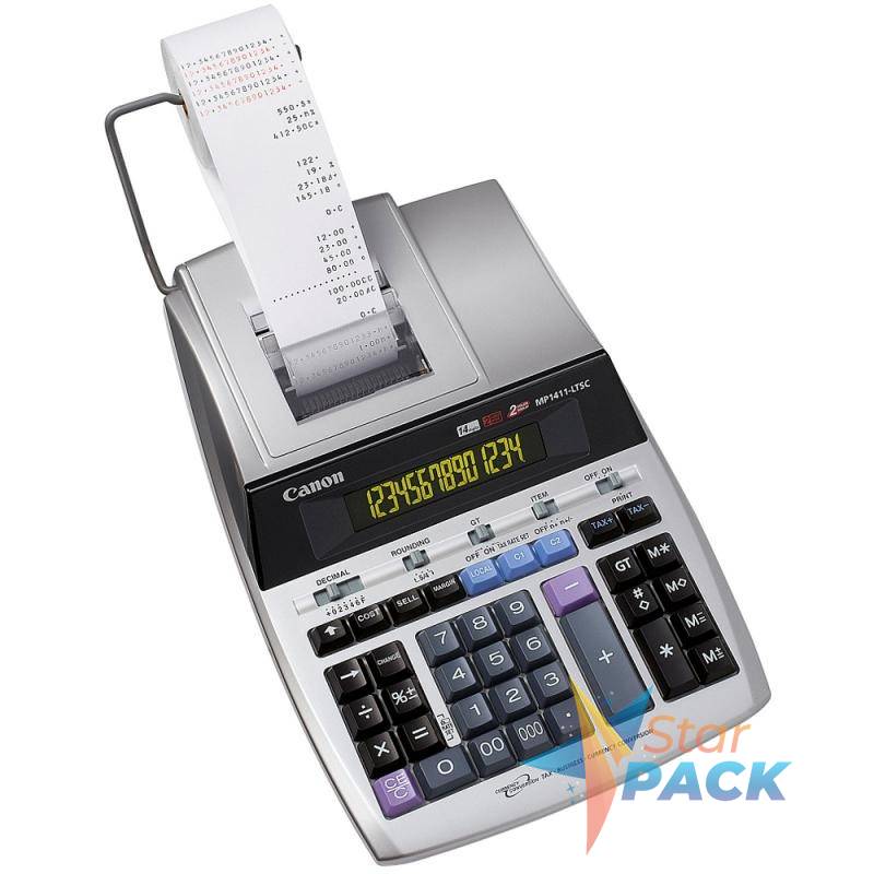Calculator de birou CANON, MP-1411LTSC, ecran 14 digiti, Ribon, functie business, tax si conversie moneda, gri