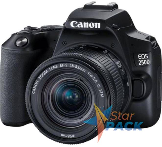 Camera foto CANON DSLR EOS 250D + 18-55 IS STM kit, Black, 24.1MP, Dual Pixel CMOS, LCD 3 rabatabil, DIGIC 8, ISO Auto, filmare 4K 25 fps, Full HD 50fps, HDMI mini,WI-FI, Bluetooth, Li-ion LP-E17, negru