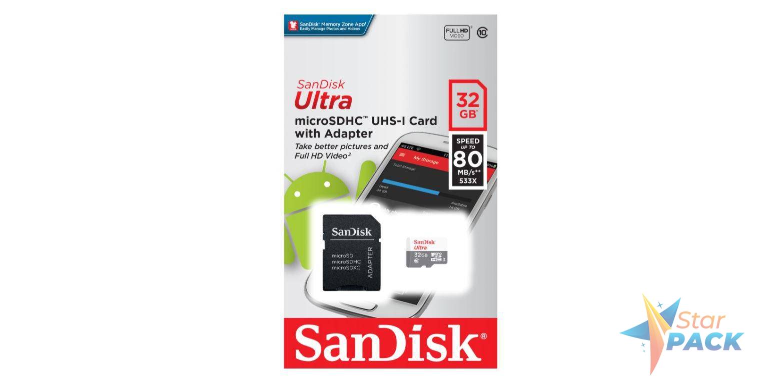 CARD MicroSD SANDISK, 32 GB, microSDHC, clasa 10, standard UHS-I U1