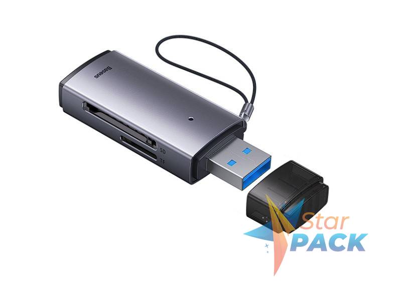 CARD READER extern Baseus Lite, interfata USB 3.0, citeste/scrie: SD, microSD viteza pana la 480Mbps,  suporta carduri maxim 512 GB, metalic, gri  - 6932172608194