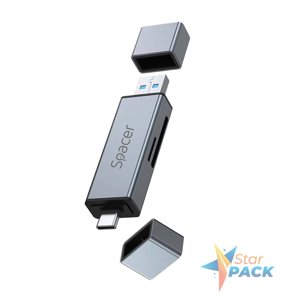 CARD READER extern SPACER, 4 in 1, interfata USB 2.0, USB Type C, citeste/scrie: SD, micro SD; extraconectori mama USB si Type-C, aluminiu