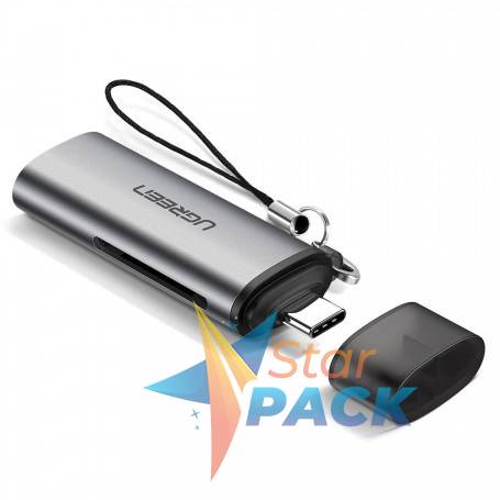 CARD READER extern Ugreen, CM184 interfata USB Type-C, citeste/scrie: SD si TF,microSD viteza pana la 5Gbps, suporta carduri maxim 512 GB, plastic, gri  - 6957303857043