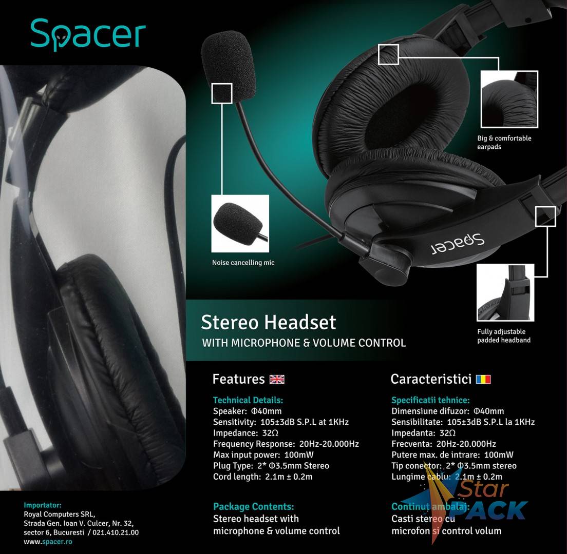 CASTI  Spacer, cu fir, standard, utilizare multimedia, microfon pe brat, conectare prin Jack 3.5 mm x 2, negru