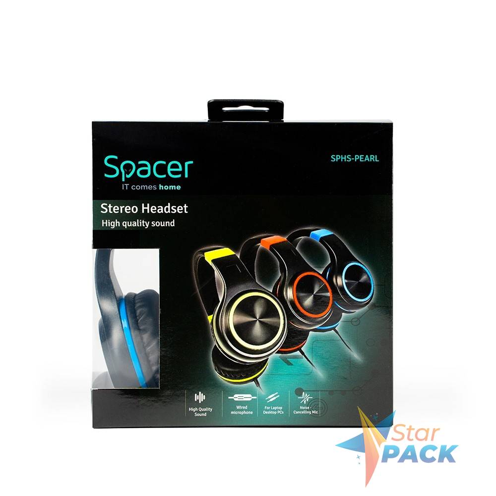 CASTI  Spacer, cu fir, standard, utilizare multimedia, microfon pe fir, pliabile, banda ajustabila, conectare prin Jack 3.5 mm x 2, negru&albastru