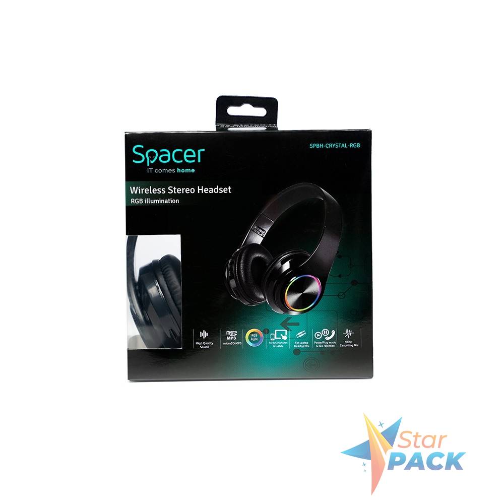 CASTI  Spacer, wireless, standard, utilizare multimedia, smartphone, microfon pe casca, conectare prin Bluetooth 5.0, iluminare RGB, pliabile, banda ajustabila, negru