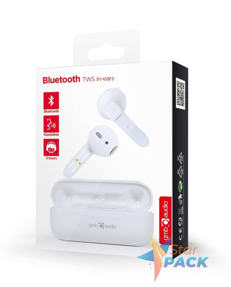 CASTI Gembird, Viena, wireless, intraauriculare - butoni, pt smartphone, microfon pe casca, conectare prin Bluetooth 5.0, alb