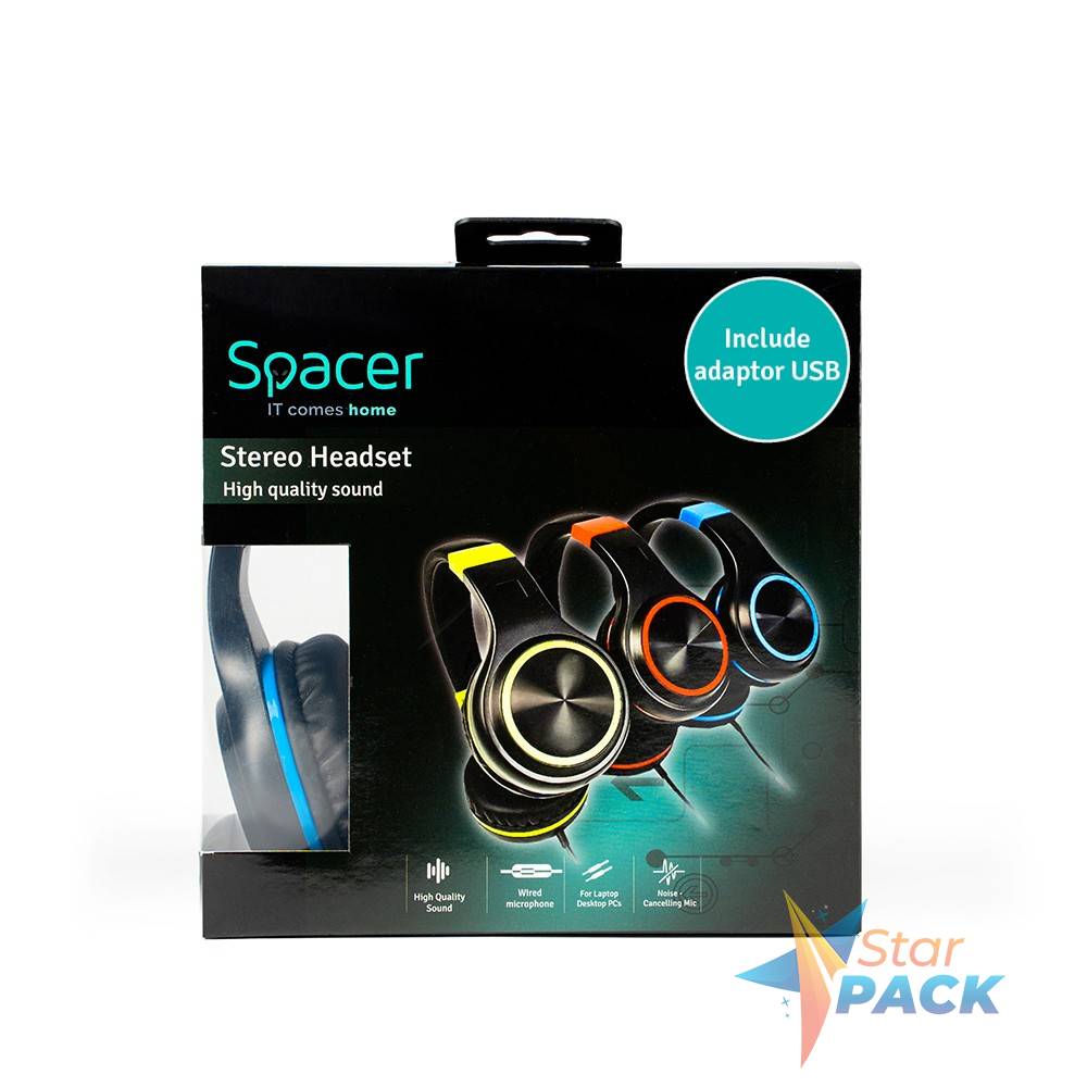 CASTI Spacer, cu fir, standard, utilizare multimedia, microfon pe fir, pliabile, banda ajustabila, conectare prin adaptor USB 2.0 sau Jack 3.5 mm x 2, negru&albastru