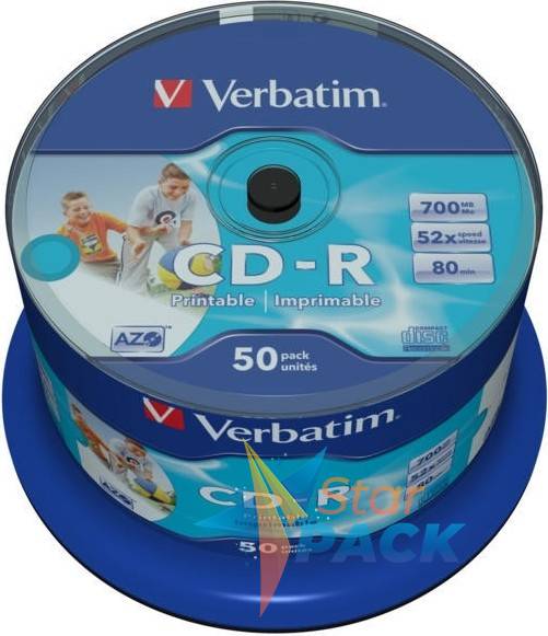 CD-R VERBATIM  700MB, 80min, viteza 52x,  50 buc, spindle, printabil, AZO Wide Inkjet Printable