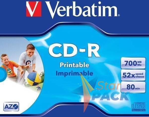 CD-R VERBATIM  700MB, 80min, viteza 52x, set 10 buc, Jewel case, printabil, AZO Wide Inkjet Printable /261908