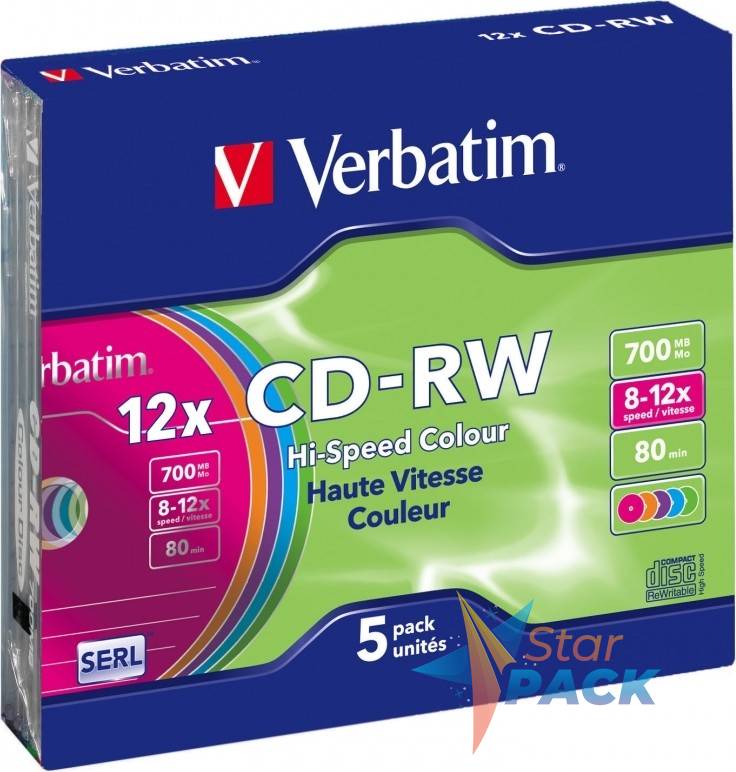 CD-RW VERBATIM  700MB, 80min, viteza 8-12x,   5 buc, carcasa, Colour 12x /261910