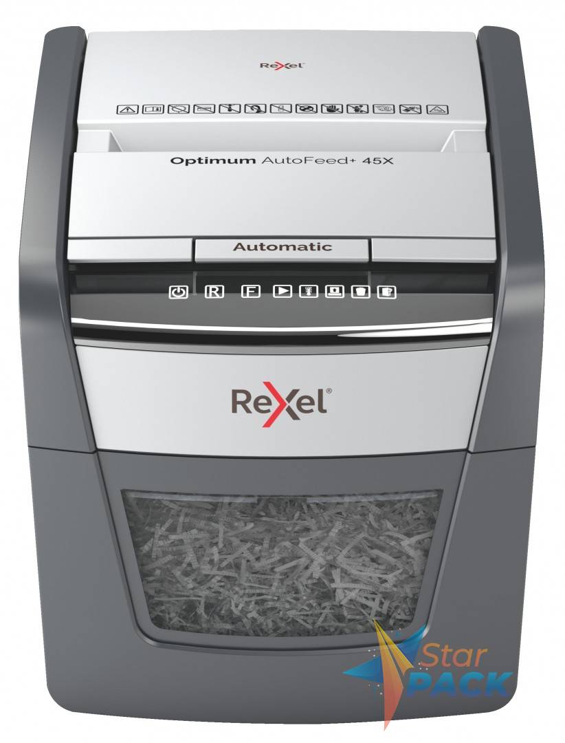Distrugator automat documente Rexel OPTIMUM  45X ,  45 coli, P4, cross-cut, cos  20 litri, negru-gri