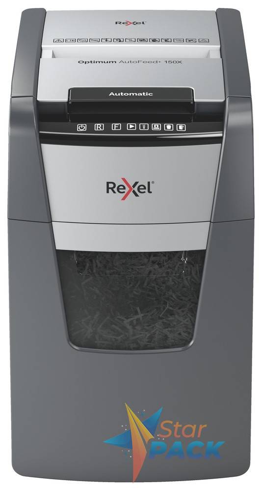 Distrugator automat documente Rexel OPTIMUM 150X , 150 coli, P4, cross-cut, cos  44 litri, negru-gri