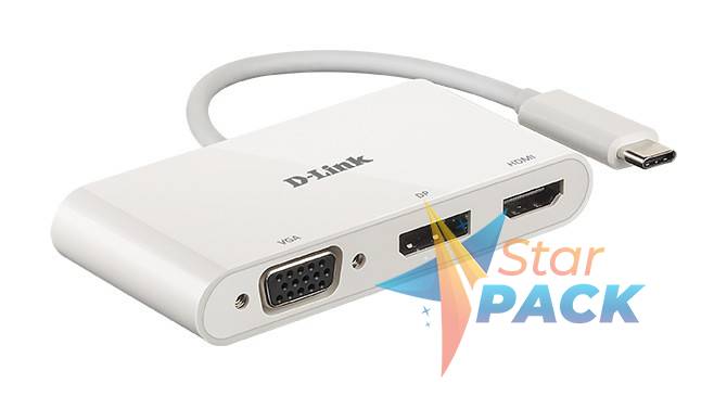 DOCKING Station D-Link universal, conectare PC USB Type C, Thunderbolt 3, nu, porturi video VGA x 1, Display Port x 1, HDMI x 1, fara port retea, NB nu, alb