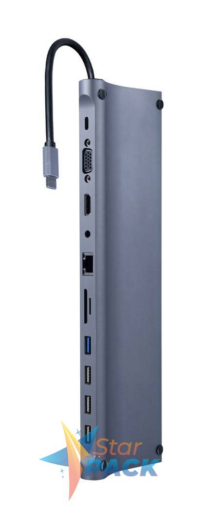 DOCKING Station Gembird universal,11-in-1, conectare PC USB Type C, USB-C x 1, USB-A 3.1 x 1, USB-A 2.0 x 3, porturi video HDMI x 1, VGA x 1, RJ45 x 1, PD  87W, SD, microSD, Audio, argintiu