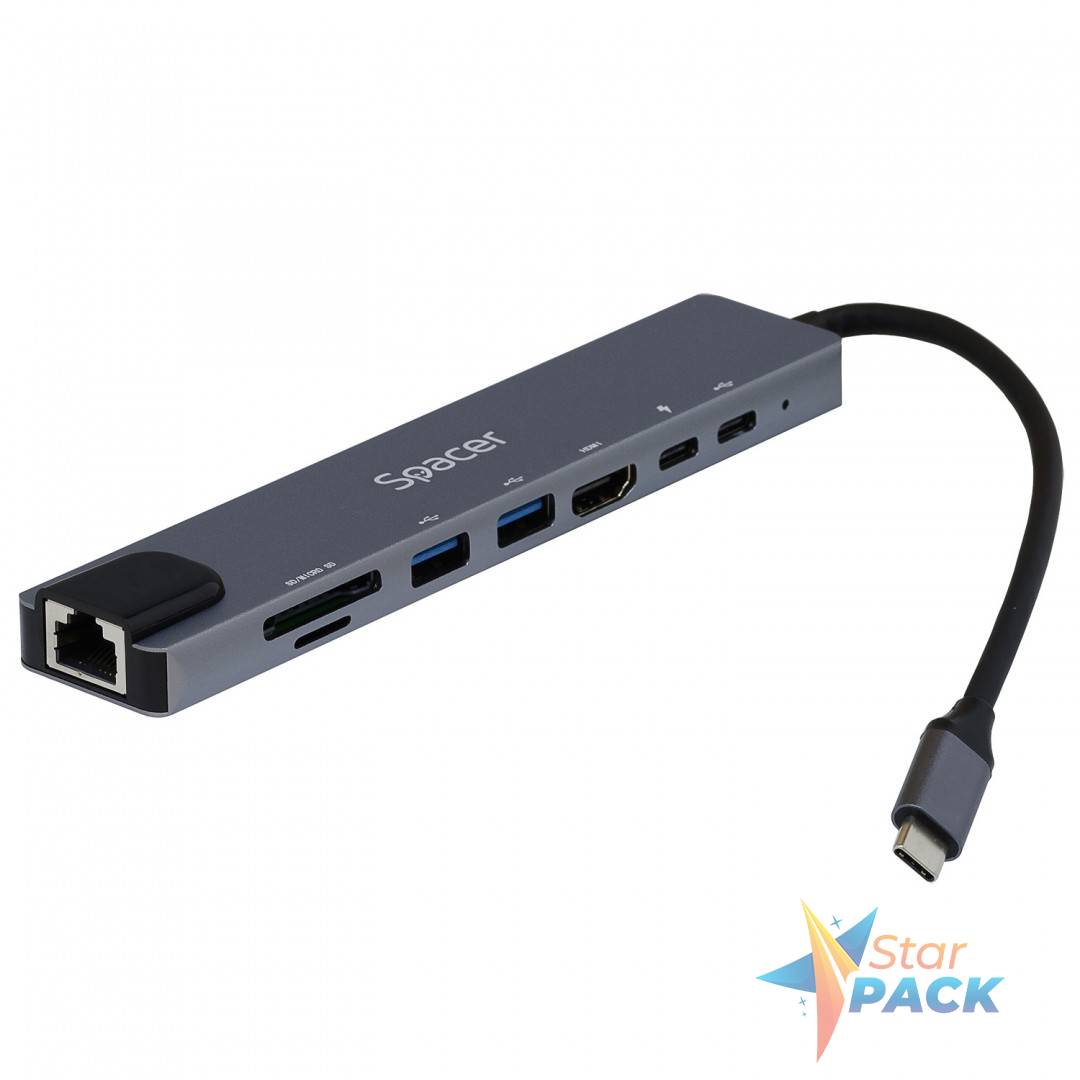 DOCKING Station Spacer universal 8 in 1, conectare Type-C, USB 3.0 x 2|USB Type C x 1|PD 87W x 1|HDMI x 1 4K|RJ-45| SD Cardx1| TFx1, Gri, Aluminiu