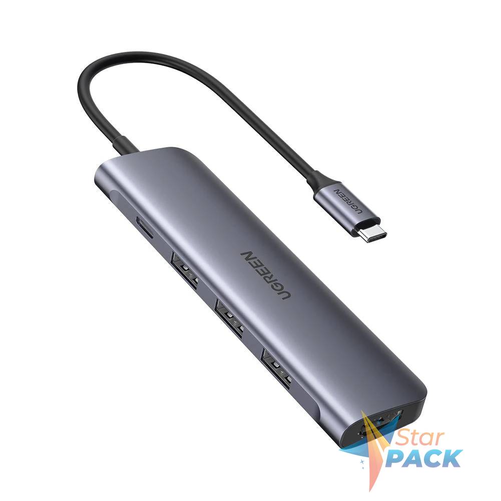 DOCKING Station Ugreen, CM136 conectare PC USB Type-C, USB 3.0 x 3|USB Type-C cu PD 100W x 1|HDMI 4K x 1, aluminiu, gri  - 6957303852093