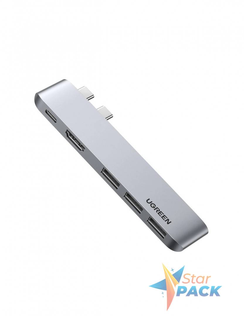DOCKING Station Ugreen, CM251 conectare Macbook Pro / Macbook Air 2 x USB Type-c, USB 3.0 x 3|HDMI 4K x 1|USB Type-C x 1, aluminiu, gri  - 6957303865598