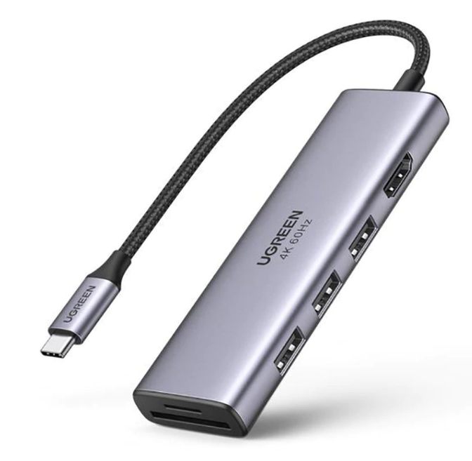 DOCKING Station Ugreen, CM511 conectare PC USB Type-C, USB 3.0 x 3|HDMI x 1/4K/60Hz|Card reader x 1, aluminiu, gri  - 6957303863839