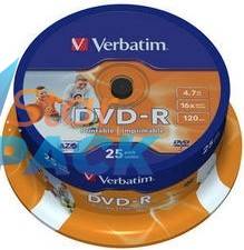 DVD-R VERBATIM  4.7GB, 120min, viteza 16x, 25 buc, Single Layer, spindle, printabil, Wide Inkjet Printable