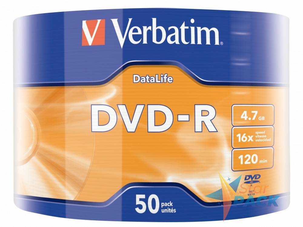 DVD-R VERBATIM  4.7GB, 120min, viteza 16x, 50 buc, Single Layer, shrink wrap, Matt Silver