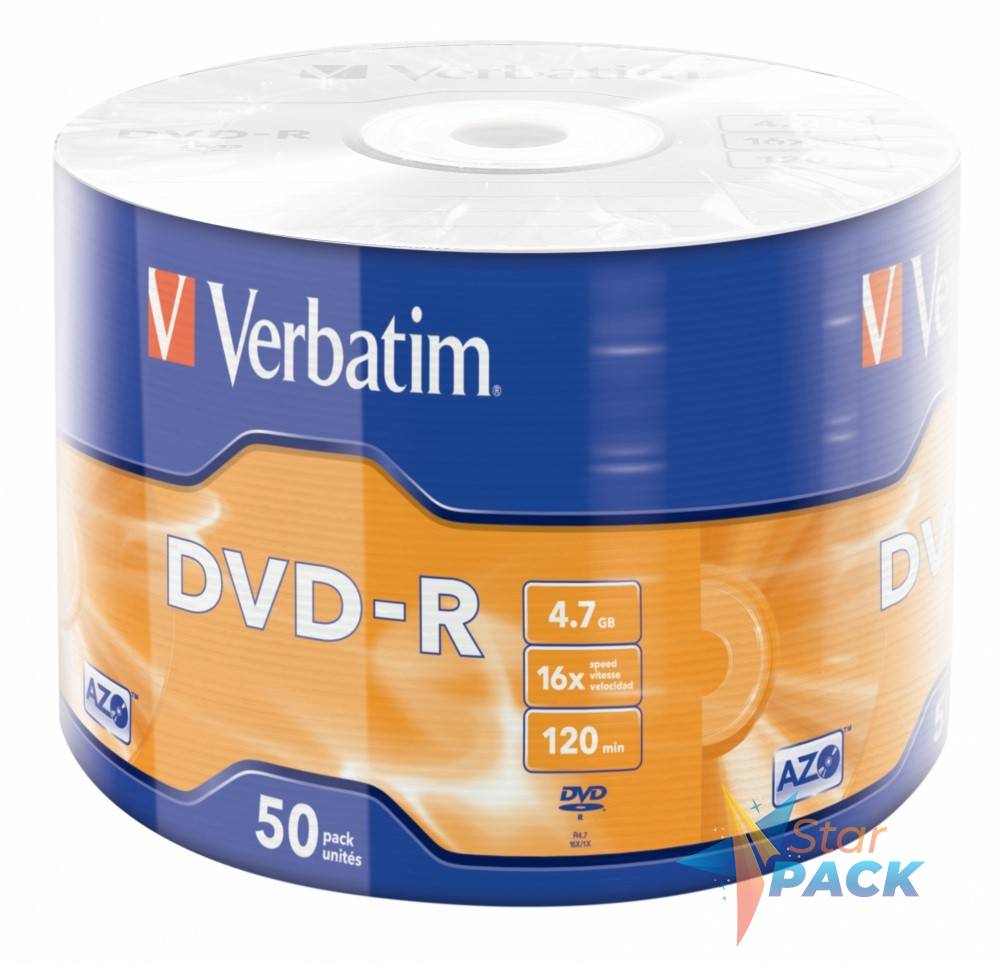 DVD-R VERBATIM  4.7GB, 120min, viteza 16x, 50 buc, Single Layer, shrink wrap, Matt Silver, AZO