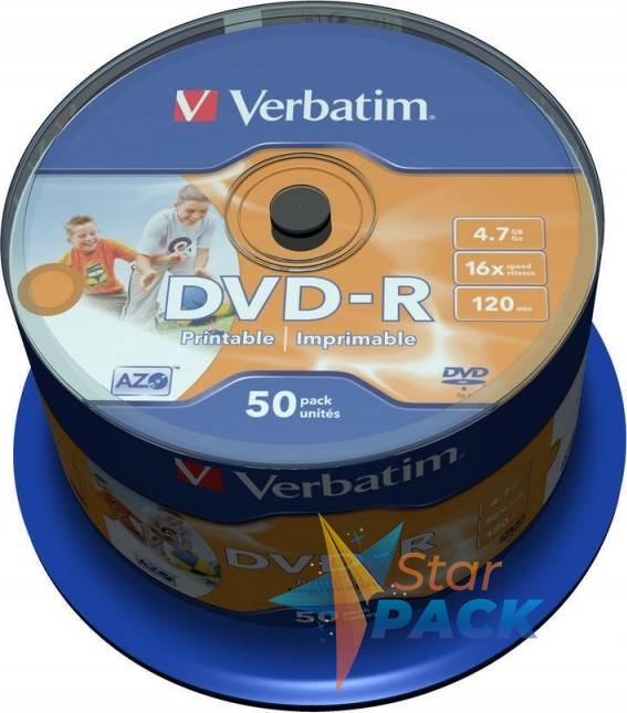DVD-R VERBATIM  4.7GB, 120min, viteza 16x, 50 buc, Single Layer, spindle, printabil, Wide Inkjet Printable