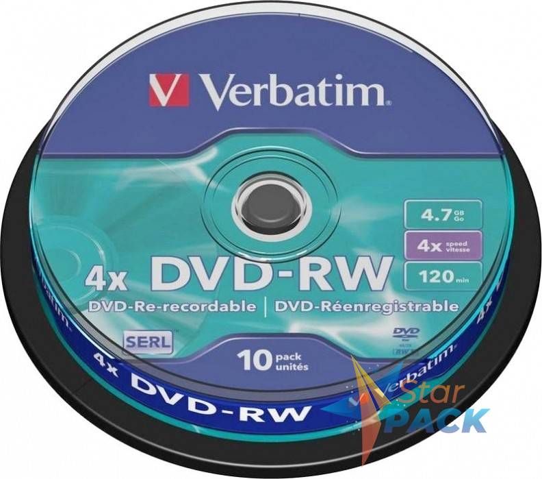 DVD-RW VERBATIM  4.7GB, 120min, viteza 4x, 10 buc, Single Layer, spindle, Matt Silver