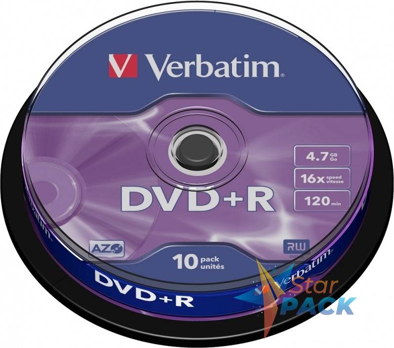 DVD+R VERBATIM  4.7GB, 120min, viteza 16x,  10 buc, Single Layer, spindle, Matt Silver  951763