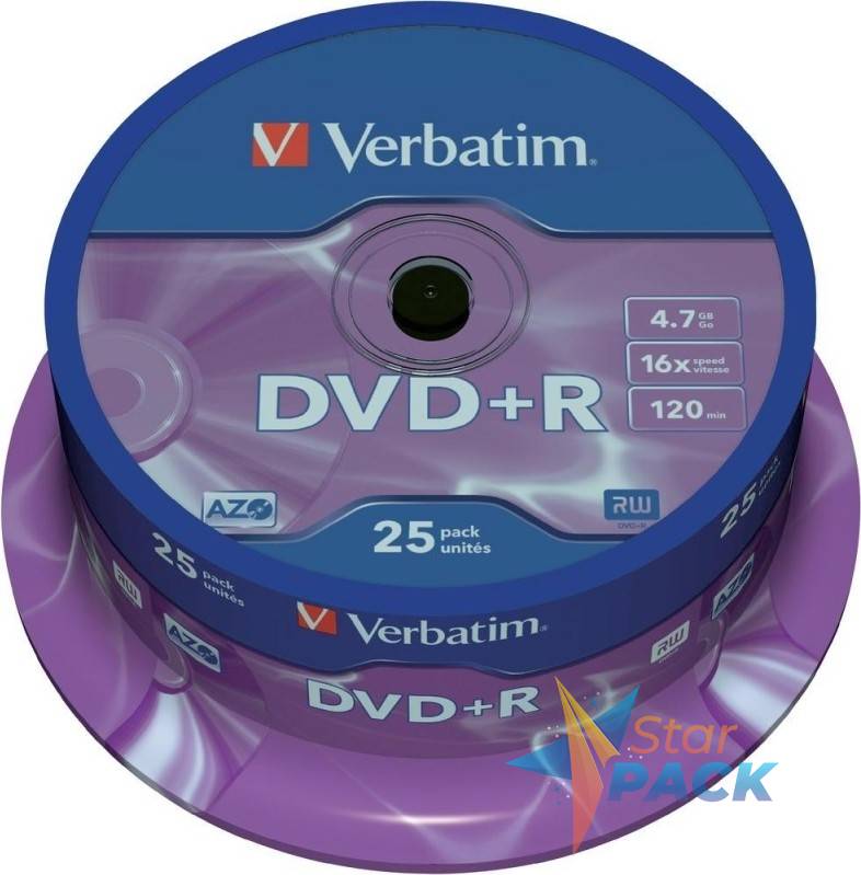 DVD+R VERBATIM  4.7GB, 120min, viteza 16x,  25 buc, Single Layer, spindle, Matt Silver
