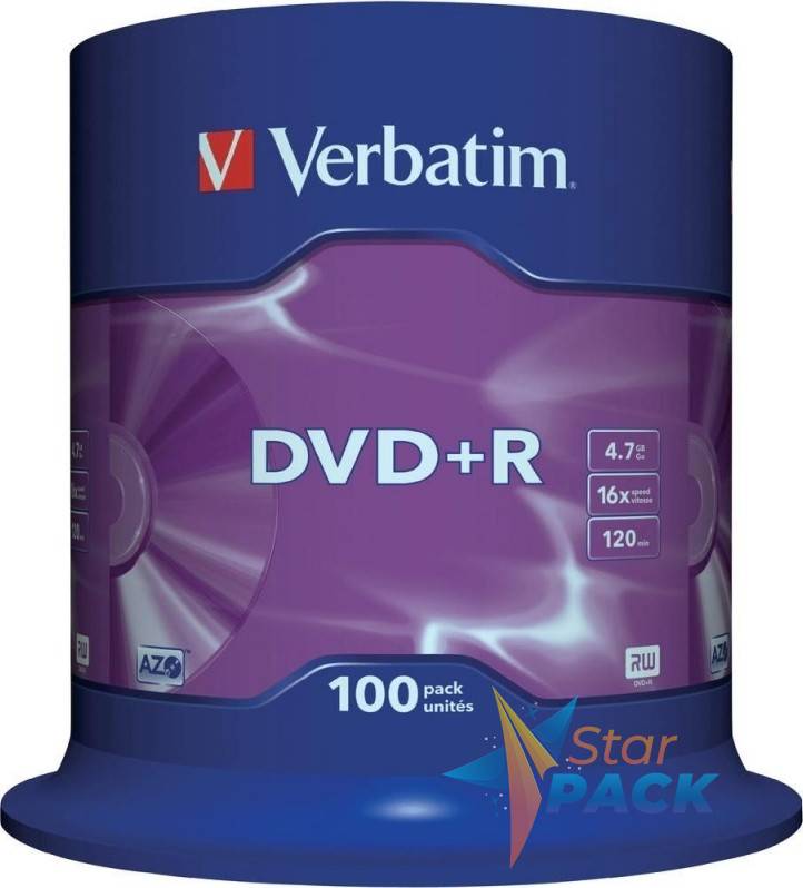 DVD+R VERBATIM  4.7GB, 120min, viteza 16x, 100 buc, Single Layer, spindle, Matt Silver