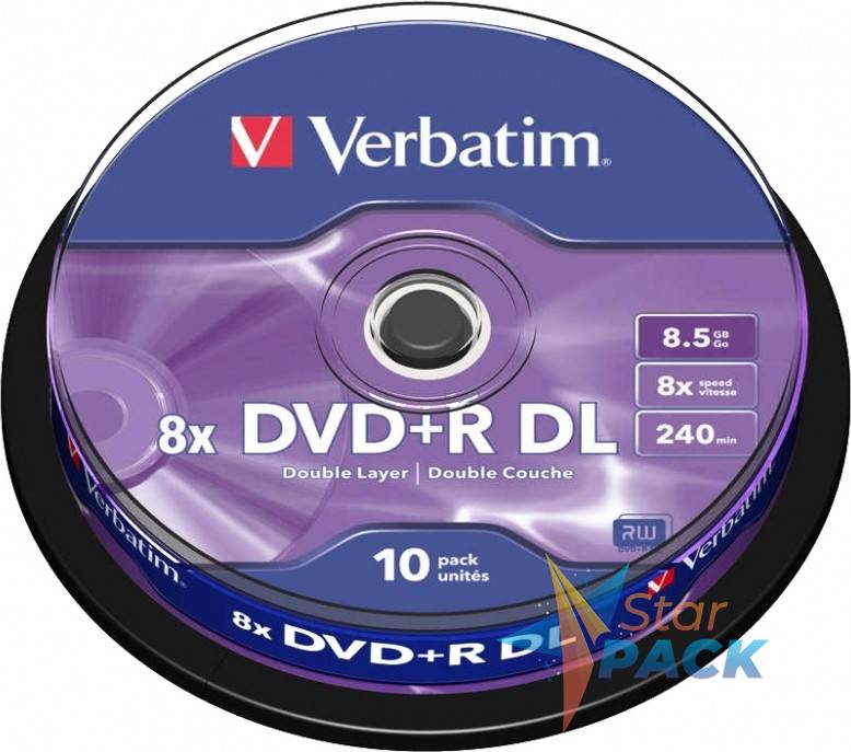 DVD+R VERBATIM  8.5GB, 240min, viteza 8x, 10 buc, Double Layer, spindle, Matt Silver