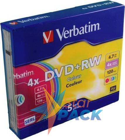 DVD+RW VERBATIM  4.7GB, 120min, viteza 1-4x, set 5 buc, Single Layer, Jewel Case, Colours