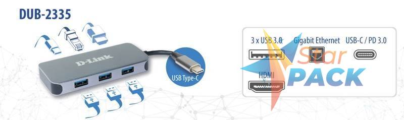 HUB extern D-LINK, porturi 3 x SuperSpeed USB 3.0, 1 x USB-C with data sync & power delivery up to 60W, 1 x HDMI 4k, 1 x RJ-45 Gigabit, conectare prin USB Type C, cablu 10 cm, metalic, argintiu