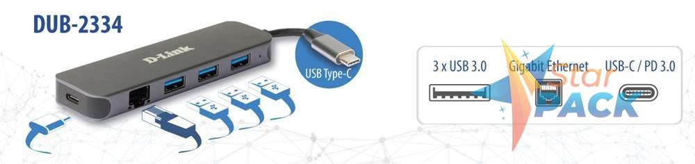 HUB extern D-LINK, porturi 3 x SuperSpeed USB 3.0, 1 x USB-C with data sync & power delivery up to 60W, 1 x RJ-45 Gigabit, conectare prin USB Type C, cablu 10 cm, metalic, argintiu