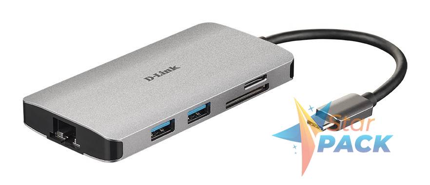 HUB extern D-LINK, porturi Gigabit LAN x 1, SD/microSD Dual Card Reader x 1, USB 3.0 x 3, HDMI x 1, USB Type C x 1, conectare prin USB Type C, cablu 15 cm, argintiu