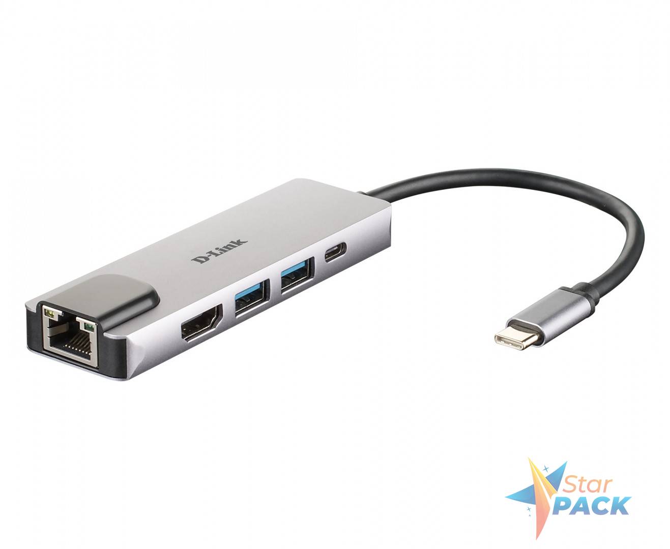 HUB extern D-LINK, porturi Gigabit LAN x 1, USB 3.0 x 2, HDMI x 1,  USB Type C x 1, conectare prin USB Type C, cablu 17 cm, argintiu