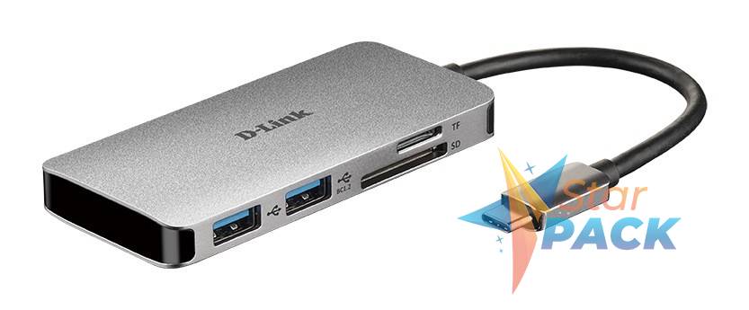 HUB extern D-LINK, porturi SD/microSD Dual Card Reader x 1, USB 3.0 x 2, HDMI x 1, USB Type C x 1, conectare prin USB Type C, cablu 15 cm, argintiu