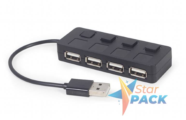 HUB extern GEMBIRD, porturi USB: USB 2.0 x 4, conectare prin USB, cu on/off, cablu 0.15 m, negru, UHB-CM-U3P4-01 - 8716309124669