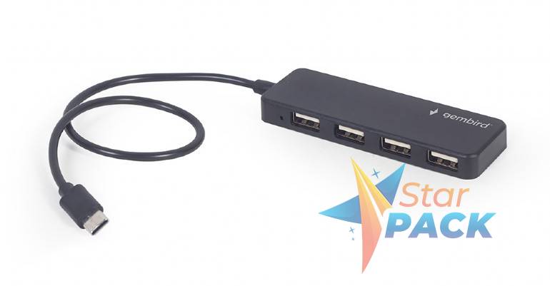 HUB extern GEMBIRD, porturi USB: USB 2.0 x 4, conectare prin USB Type-C, cablu 0.30 m, negru,  - 8716309124720