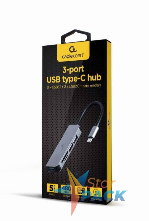 HUB extern GEMBIRD, porturi USB: USB 3.1 x 1, USB 2.0 x 2, conectare prin USB Type-C, suport SD / MicroSD, argintiu