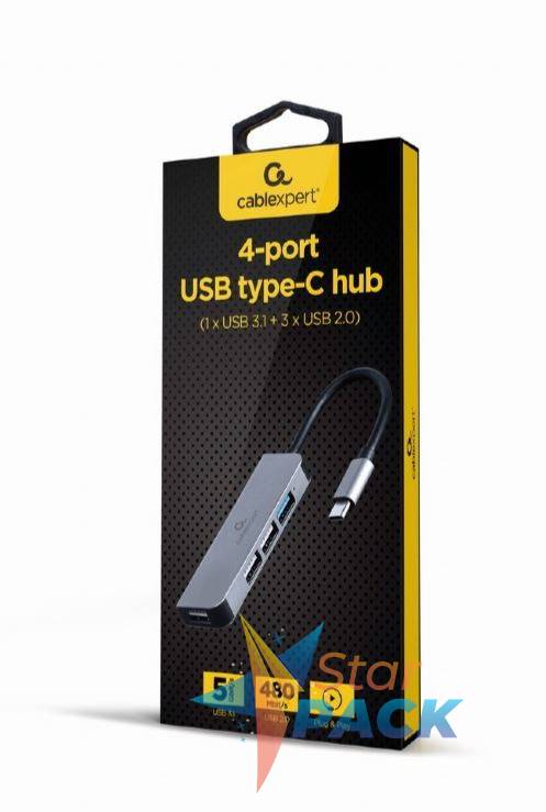 HUB extern GEMBIRD, porturi USB: USB 3.1 x 1, USB 2.0 x 3, conectare prin USB Type-C, argintiu
