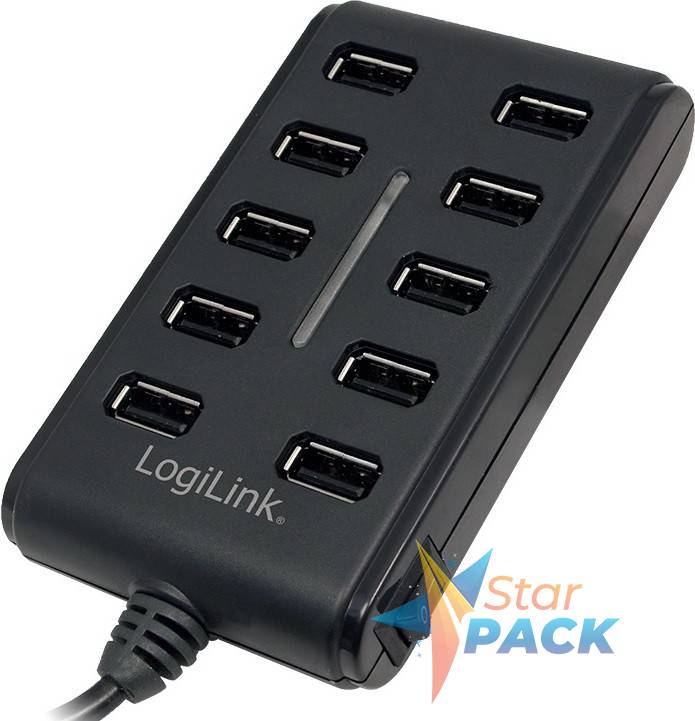 HUB extern LOGILINK, porturi USB: USB 2.0 x 10, conectare prin USB 2.0, alimentare retea 220 V, cablu 0.6 m, negru