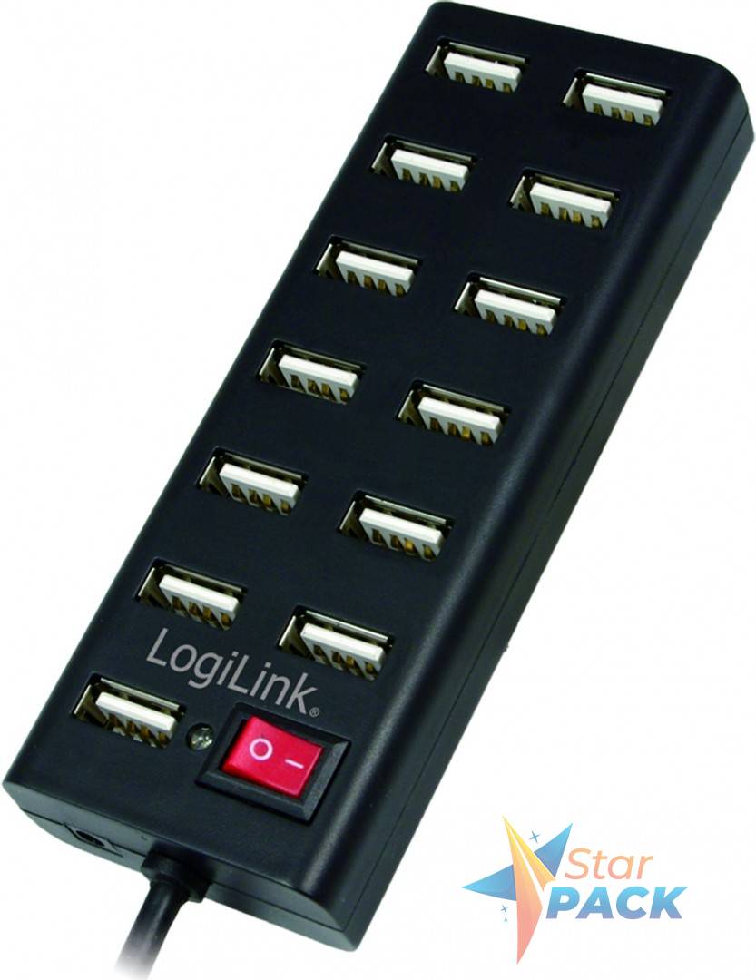 HUB extern LOGILINK, porturi USB: USB 2.0 x 13, conectare prin USB 2.0, alimentare retea 220 V, cablu 0.75 m, negru