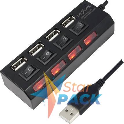HUB extern LOGILINK, porturi USB: USB 2.0 x 4, conectare prin USB 2.0, alimentare retea 220 V, cablu 0.5 m, negru