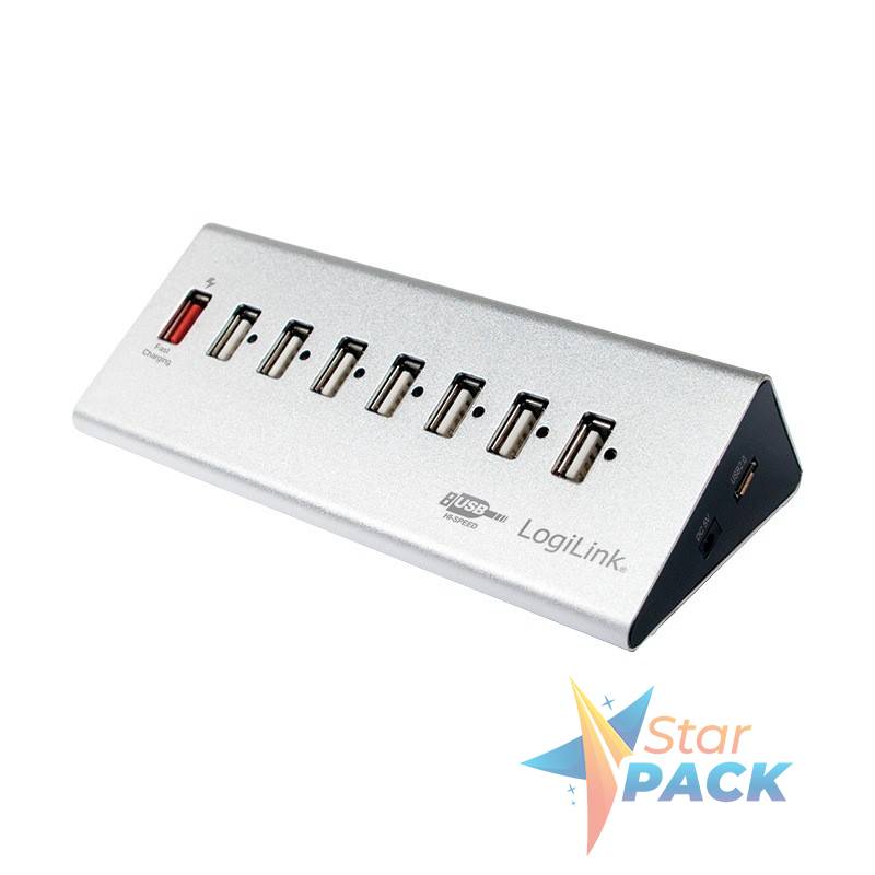 HUB extern LOGILINK, porturi USB: USB 2.0 x 7, Fast Charging Port, conectare prin USB 2.0, alimentare retea 220 V, argintiu