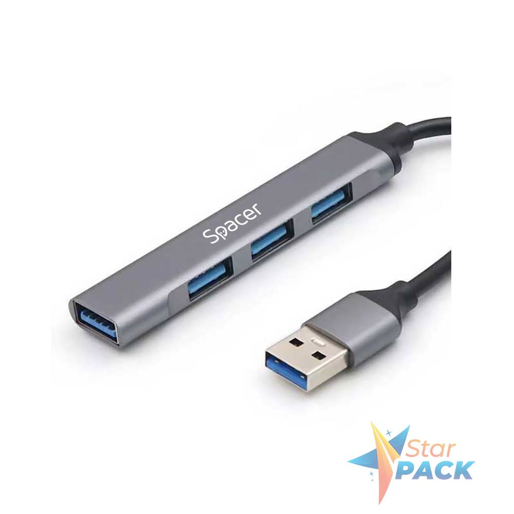 HUB extern SPACER, porturi USB:USB 3.0 X 1, USB 2.0 x 3, conectare prin USB 3.0, cablu 1m, aluminiu