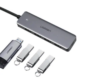HUB extern Ugreen, CM219 porturi USB: USB 3.0 x 4, conectare prin USB, material ABS, port micro USB 5V, lungime 15 cm, LED, gri,  - 6957303859856