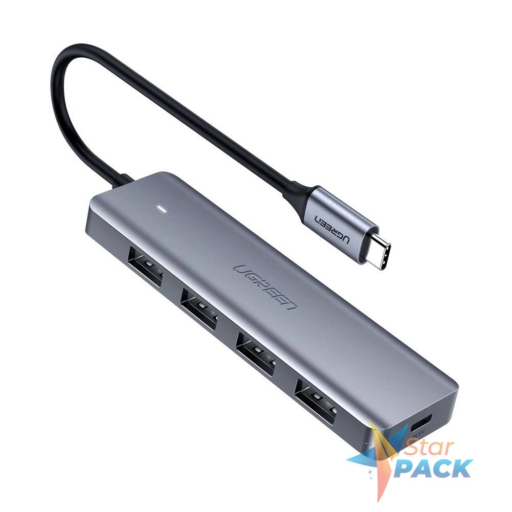 HUB extern Ugreen, CM219 porturi USB: USB 3.0 x 4, conectare prin USB Type-C, aluminiu, lungime 15 cm, gri,  - 6957303873364