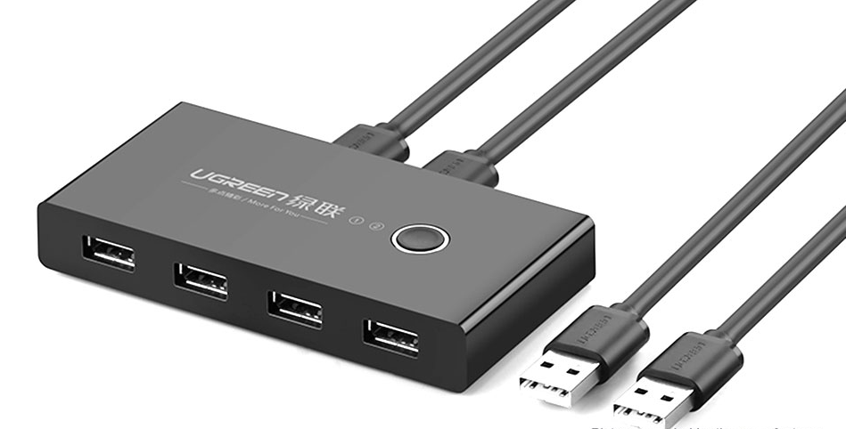 HUB extern Ugreen, US216 porturi USB: USB 2.0 x 4, conectare prin 2 x USB, partajare date 2 pc-uri simultan, buton comutare PC, lungime 1.5 m, LED, negru,  - 6957303837670
